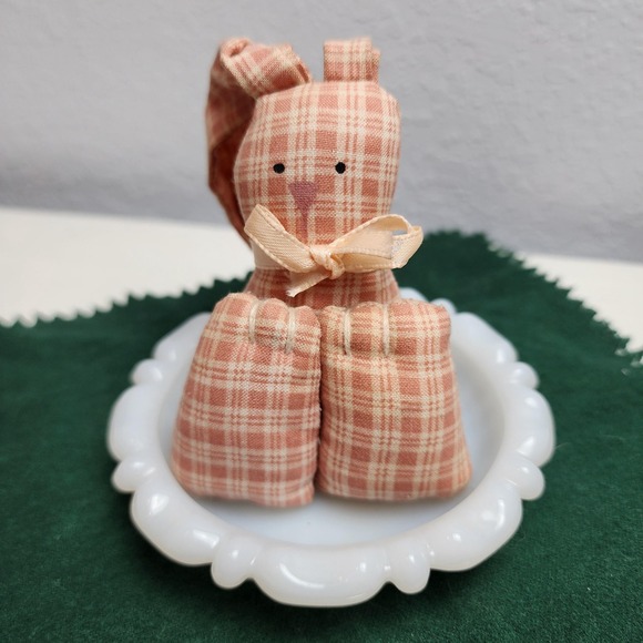 Vintage Fabric Small Bunny Rabbit, Pink Plaid, Floppy Tied Ears, Pink Tied Bow - Picture 1 of 5
